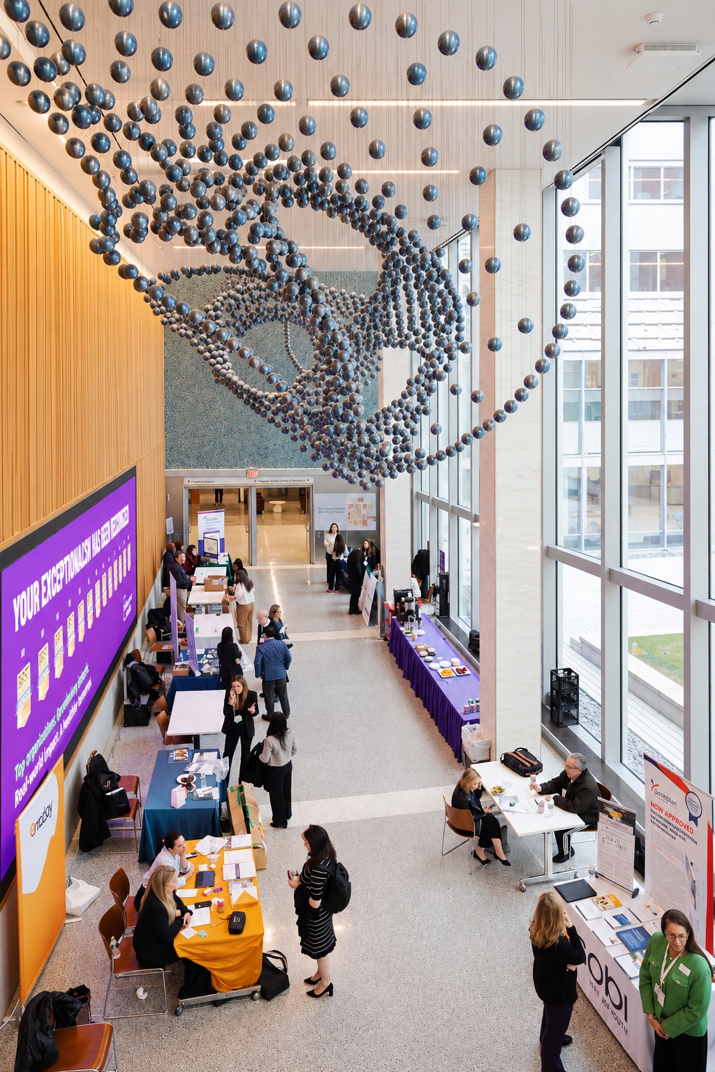A wide view of exhibitor tables and attendees in a bright atrium